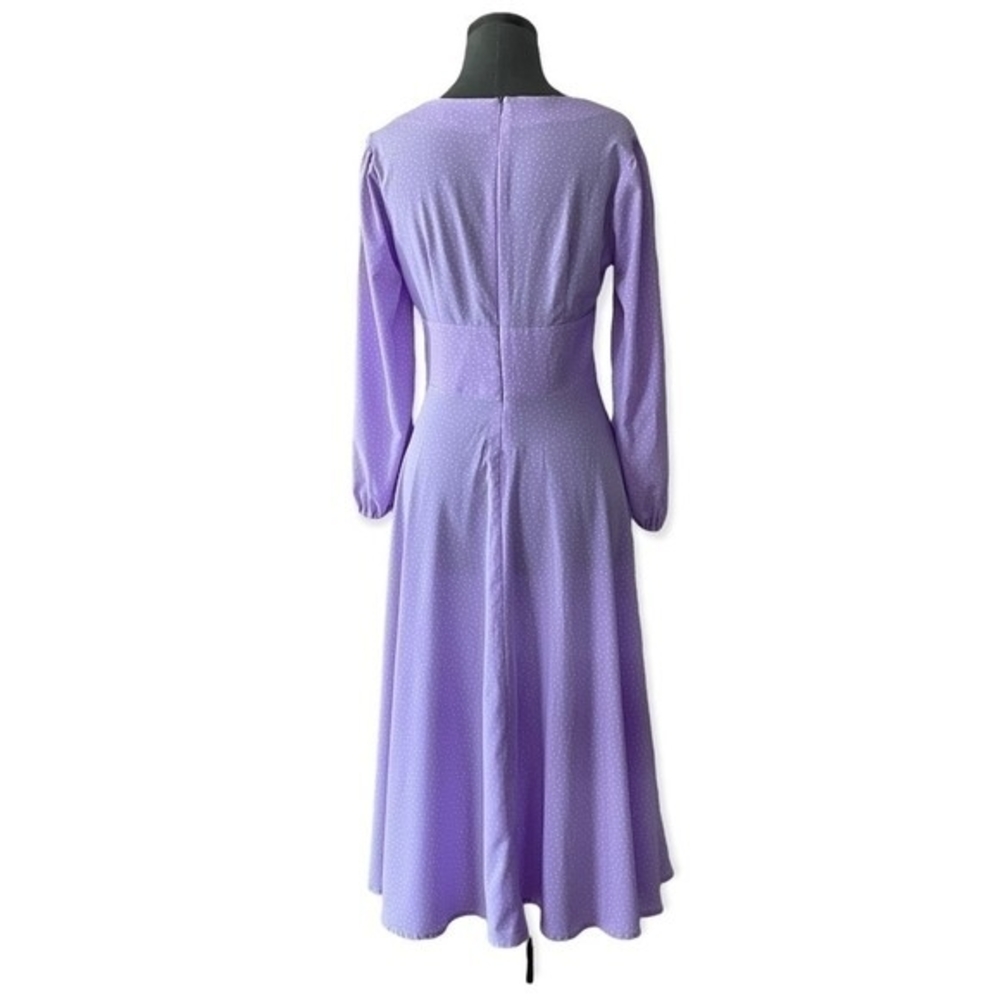 Lilac White Dot Fit Flare Maxi Dress L V-Neck Long Sleeve Prom Cocktail EXC - Picture 7 of 10